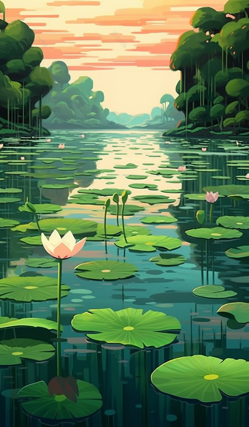 绿色夏至池塘的风景唯美清新插画背景,插画/手绘图,插画/手绘图库,插画/手绘图下载,插画/手绘